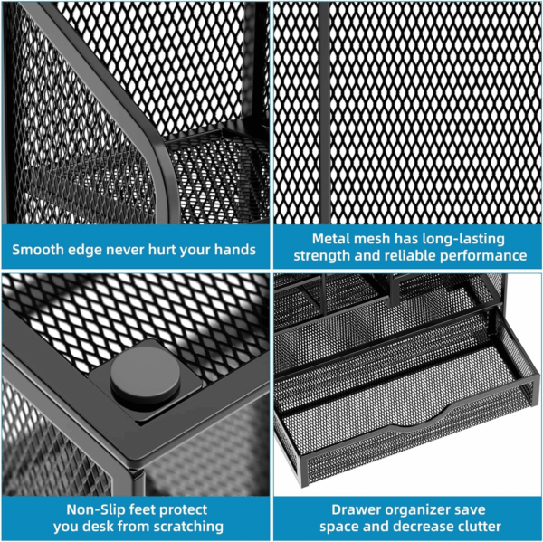 Mesh Pen Holder for Desk, Multi-Functional Pencil Organizer with Drawer, Desk Organizers and Accessories for Office Art Supplies (Black) - Image 6