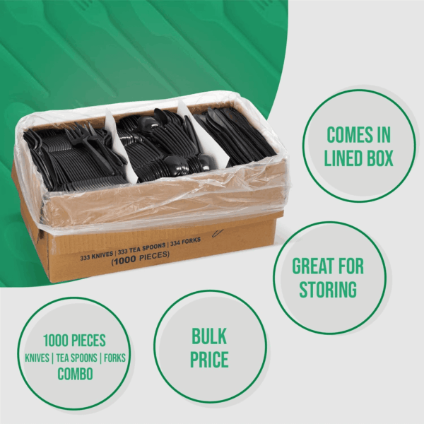 1,000 Plastic Disposable Cutlery Bulk Variety Pack Black Medium Weight Includes 334 Forks, 333 Knives, 333 Soup Spoons, Disposable Silverware Plastic Cutlery - Image 4