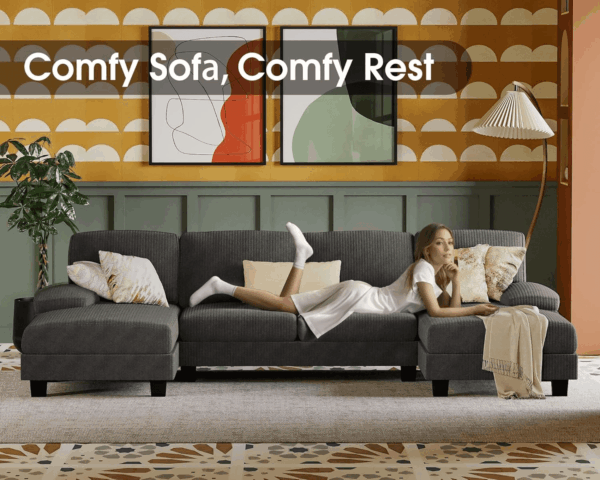 Sectional Couches for Living Room, U-Shaped Sofa Couch with Linen Fabric, 4 Seat Sofa Set with Double Chaise for Apartment (Corduroy, Dark Grey) - Image 4