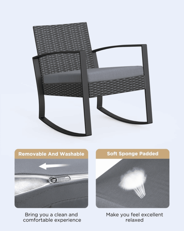 3 Pieces Patio Furniture Set Rocking Bistro Set Outdoor Rattan Conversation with Coffee Table for Garden Balcony Backyard Poolside (Grey Cushion) - Image 2