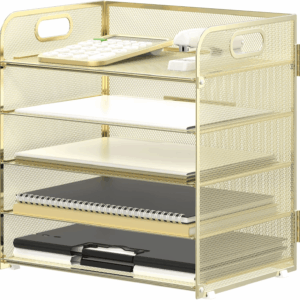 5 Trays Paper Organizer Letter Tray with Handle-Mesh Desk File Organizer, Paper Sorter Desk Organizer for Office, Home or School (Golden)