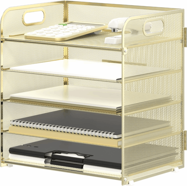 5 Trays Paper Organizer Letter Tray with Handle-Mesh Desk File Organizer, Paper Sorter Desk Organizer for Office, Home or School (Golden)
