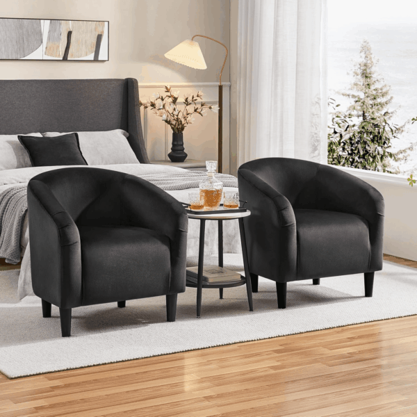 Black Accent Chairs Set of 2, Cozy Velvet Barrel Chair, Modern Club Chair with Soft Padde, Vanity Chair for Living Room/Bedroom/Waiting Room Reception Room, Matte Black - Image 5