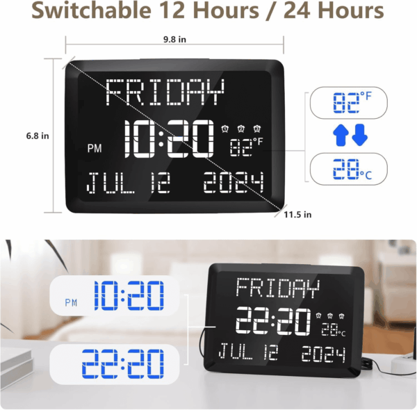 Digital Clock, 11.5" Large Display Calendar Clock with Day and Date, Indoor Temperature, Adjustable Brightness, Snooze,12/24H, DST for Home, Office, Elderly - Image 2