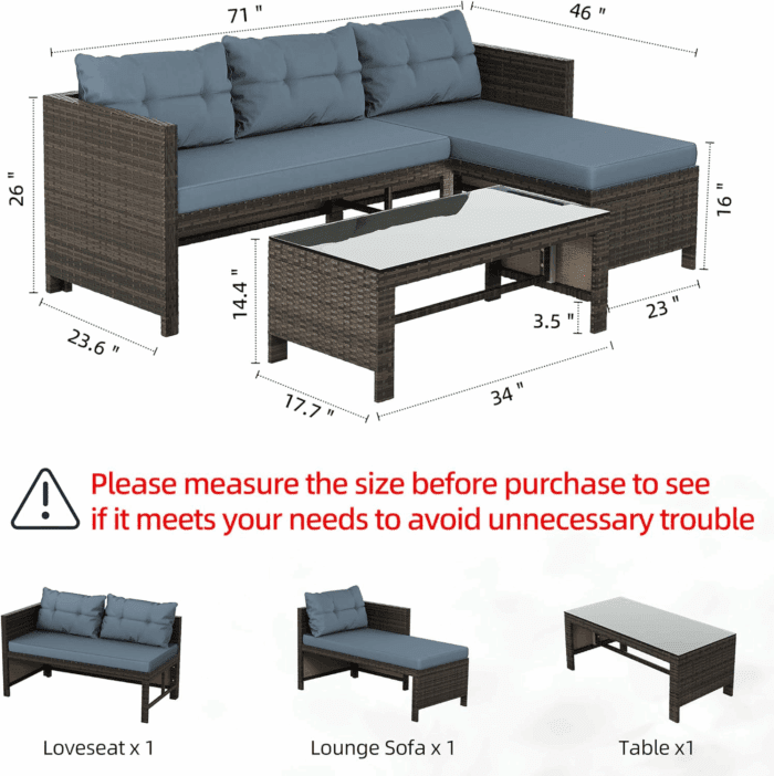 Outdoor Patio Furniture Sets, Wicker Patio Sectional Sets 3-Piece, All Weather Wicker Rattan Patio Seating Sofas with Glass Coffee Table and Cushion (Blue) - Image 6