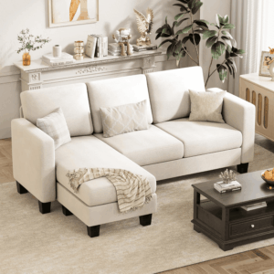 Convertible Sectional Sofa Couch, 3 Seat L-Shaped Sofa with Linen Fabric Ottoman Small Couch for Small Apartments, Living Room and Office (Linen Fabric, White)
