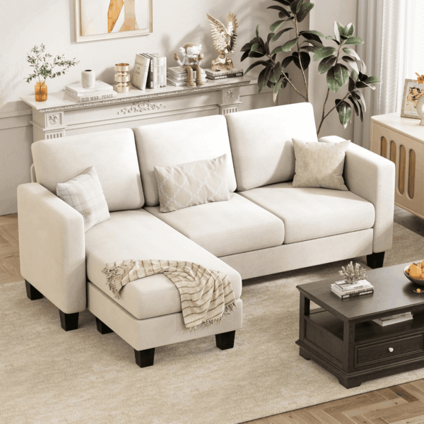 Convertible Sectional Sofa Couch, 3 Seat L-Shaped Sofa with Linen Fabric Ottoman Small Couch for Small Apartments, Living Room and Office (Linen Fabric, White)