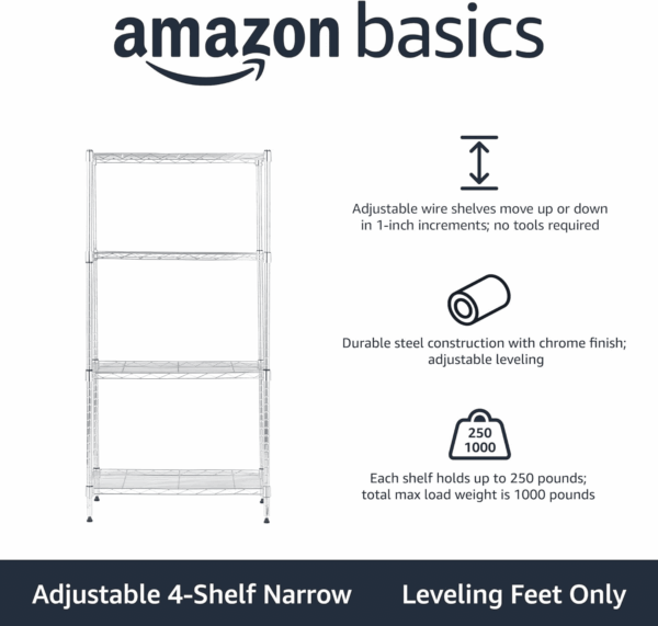 4-Shelf Adjustable, Storage Shelving Unit, (200 Pound Loading Capacity per Shelf), Steel Organizer Wire Rack, 13.4"D X 23.2"W X 48"H, Chrome - Image 2