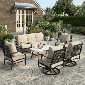 6 Piece Patio Furniture Set, 2 X Swivel Chair, 2 X Fixed Chair, 1 X 3-Seat Sofa with Marbling Coffee Table, All Cushioned Outdoor Conversation Set for Lawn Garden Backyard