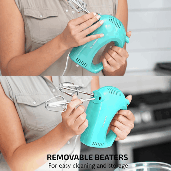 5-Speed Electric Hand Mixer with Stainless Steel Mixing Whisk, Snap-On Storage Case, Portable & Lightweight 150W Motor, Compact Handheld Mixer for Baking, Blending or Cooking, Turquoise HM151T - Image 5