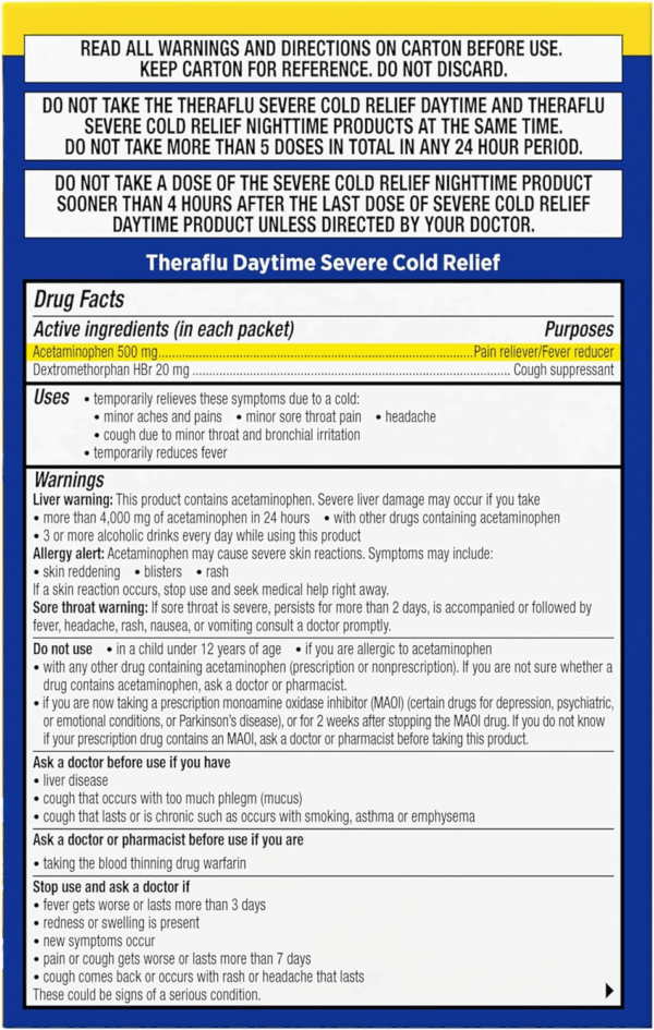 Combo Daytime and Nighttime Severe Cold Relief Powder, Honey Lemon Flavor, 12 Count, 6 Daytime + 6 Nighttime - Image 11