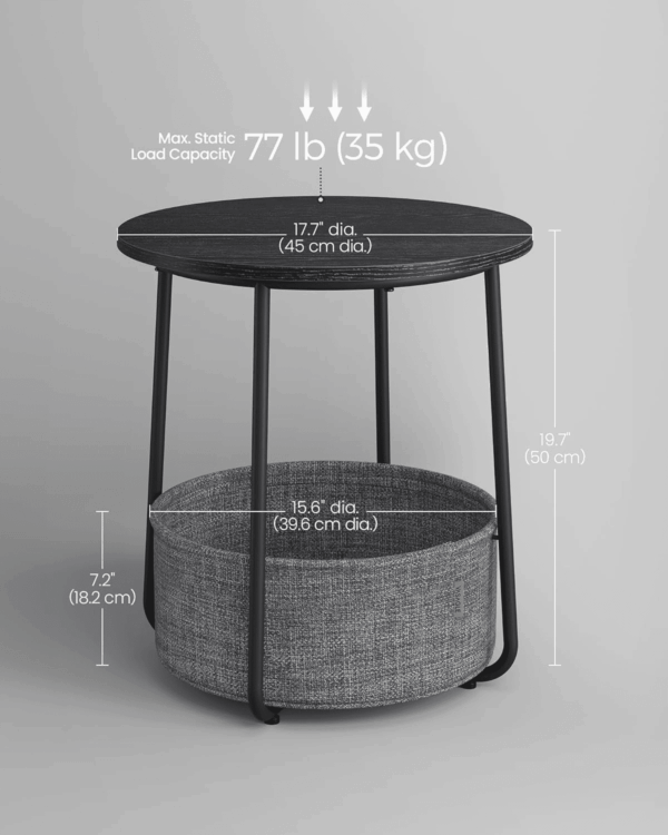 End Table, Small Bedside Table with Fabric Basket, Modern Nightstand, round Side Table, for Living Room, Bedroom, Ebony Black and Slate Gray ULET223B01 - Image 3