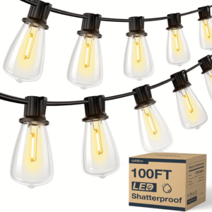 100FT(50FT*2) LED Outdoor String Lights Waterproof Patio Lights with Shatterproof ST38 Replaceable Bulbs, Dimmable outside Hanging Light Connectable for Porch, Backyard, 2200K