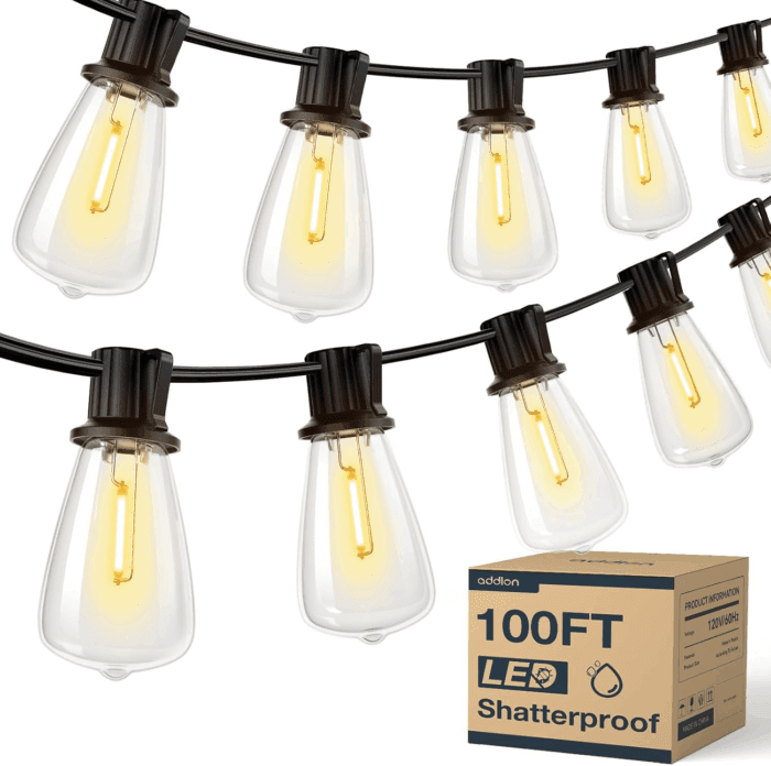100FT(50FT*2) LED Outdoor String Lights Waterproof Patio Lights with Shatterproof ST38 Replaceable Bulbs, Dimmable outside Hanging Light Connectable for Porch, Backyard, 2200K