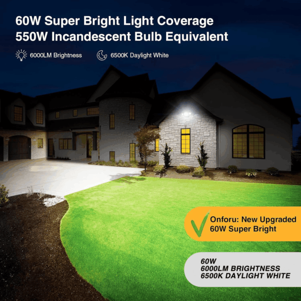 60W LED Dusk to Dawn Outdoor Lighting, 6000LM Exterior Flood Lights, IP65 Waterproof Outdoor 3 Adjustable Heads Photocell Lights Fixture, 6500K Daylight Floodlights for Garage, Patio, Yard - Image 5