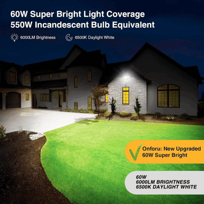 60W LED Dusk to Dawn Outdoor Lighting, 6000LM Exterior Flood Lights, IP65 Waterproof Outdoor 3 Adjustable Heads Photocell Lights Fixture, 6500K Daylight Floodlights for Garage, Patio, Yard - Image 5