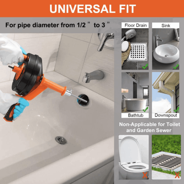 Drain Auger, Clog Remover with Drill Adapter, 25 Feet Flexible Plumbing Snake Use Manually or Powered for Kitchen,Bathrom and Shower Sink, Comes with Gloves (Orange) - Image 3