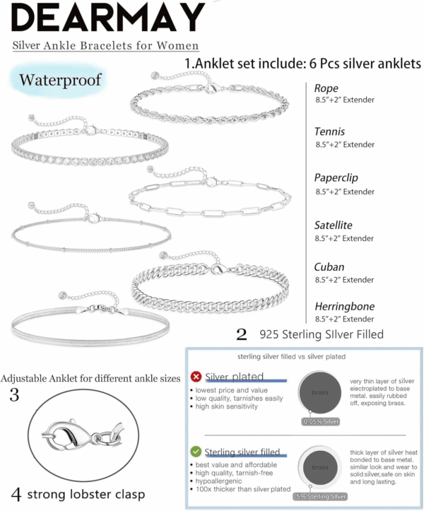 Dainty Silver Ankle Bracelets for Women Waterproof, S925 Sterling Silver Anklets Jewelry Layered Cuban Chain Herringbone Cute Anklets Set Pack Summer Beach Gift for Women Teen - Image 3