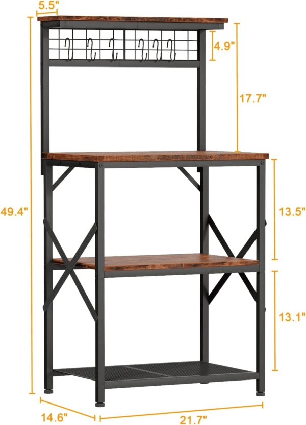 Kitchen Bakers Rack with Hutch, Coffee Bar Station 4 Tiers, Microwave Oven Stand with 6 S Hooks and Pegboard, Kitchen Microwave Rack for Spice Organizer Workstation, Rustic Brown - Image 3