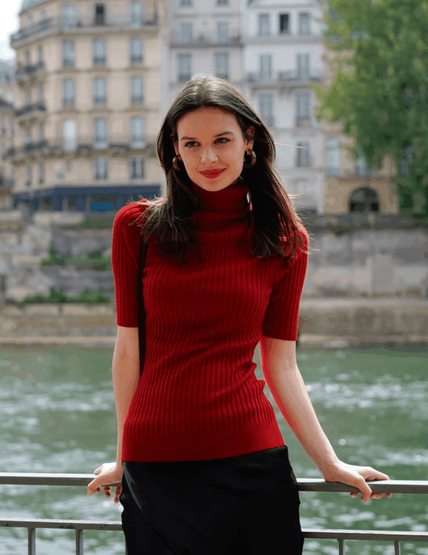 Women Turtleneck 1/2 Half Sleeve Highly Stretchy Ribbed Knit Fitted Sweater - Image 2