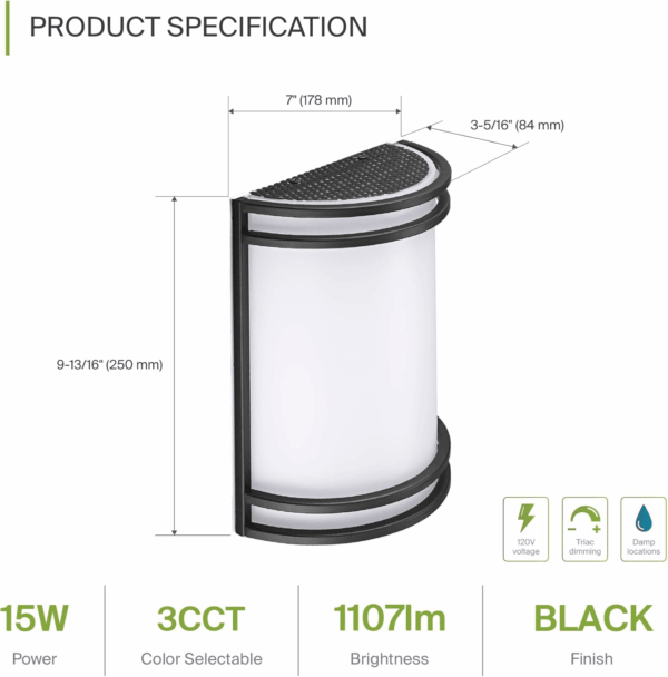 LED Indoor Wall Mount Light Fixture - 10 Inch Modern Interior Matte Black Wall Sconce Lighting - 3000K 4000K 5000K Adjustable - Half Cylinder Hallway Light Fixture - ETL & Energy Star - Image 2