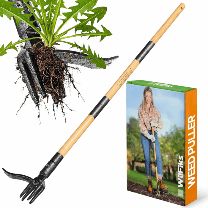 Weed Puller Tool, Stand up Heavy Duty Weed Remover Tool with Long Handle, Foot Platform Design - 4 Claw Steel Head Weeder Tool, Bamboo Garden Hand Weeding Tool, Smoothly Remove Weeds without Kneeling