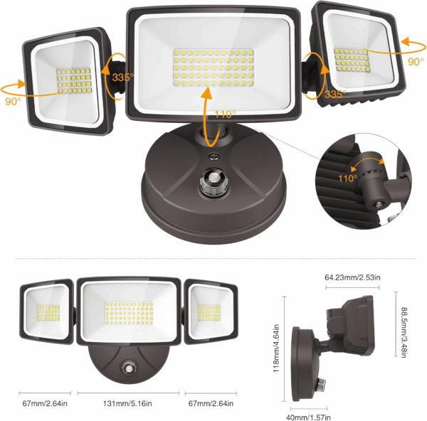 60W LED Dusk to Dawn Outdoor Lighting, 6000LM Exterior Flood Light, IP65 Waterproof Outdoor 3 Adjustable Heads Photocell Security Lights Fixture, 6500K Floodlights for Garage, Patio, Yard - Image 8