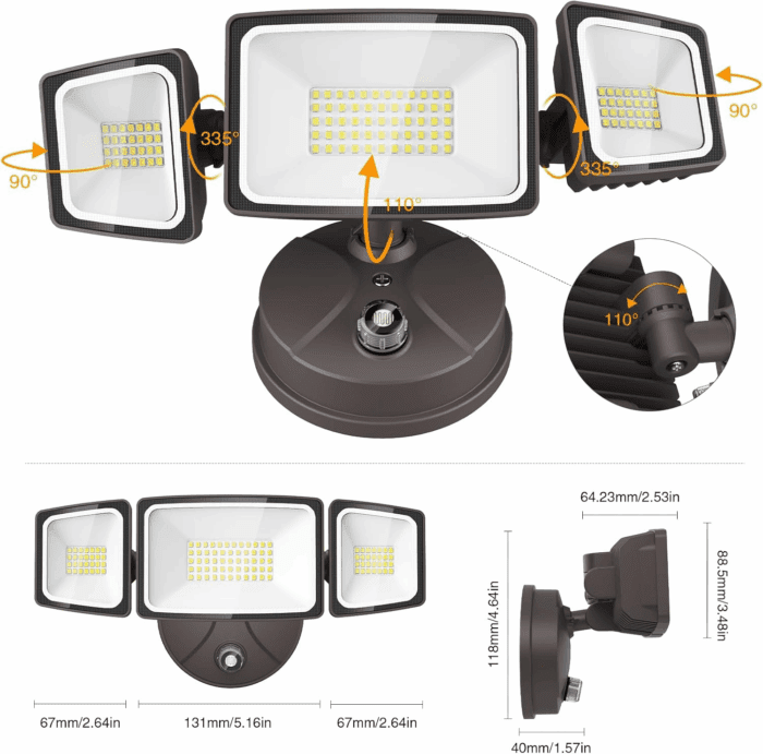 60W LED Dusk to Dawn Outdoor Lighting, 6000LM Exterior Flood Light, IP65 Waterproof Outdoor 3 Adjustable Heads Photocell Security Lights Fixture, 6500K Floodlights for Garage, Patio, Yard - Image 8