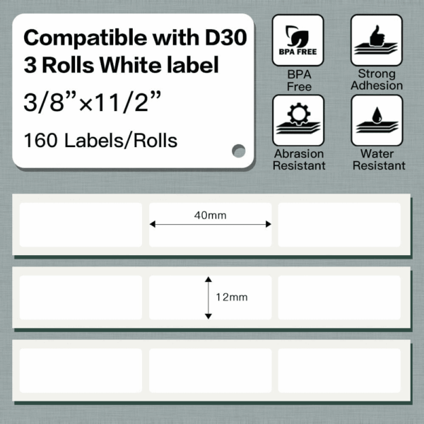 D30 Thermal Self-Adhesive Label, 3/8" X 1 1/2" (12Mm X 40Mm) 160 Labels/Roll,  D30 Label Tape Compatible with D30 Label Printer, Suitable for Home, School, Black on White, 3 Roll - Image 2