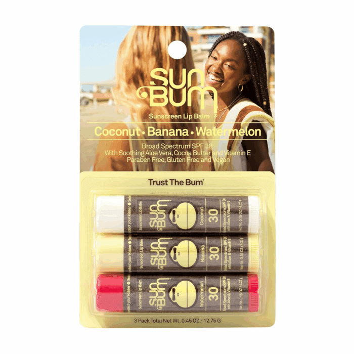 SPF 30 Sunscreen Lip Balm 3 Flavor Variety Pack - Coconut, Banana, Watermelon - Moisturizing Aloe Vera and Vitamin E - Vegan and Cruelty Free - UVA/UVB Lip Protection - 0.15 Oz , 3 Ct