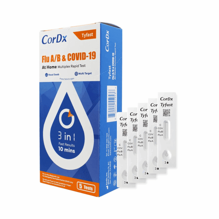 Tyfast 10 Mins Flu A/B & Covid 19 Multiplex Rapid Test, Results in 10 Minutes—Precision Skip the 15 Wait, FDA Authorized, at Home 3 in 1 Combo Kit, 5 Tests, Use-Friendly & No Discomfort