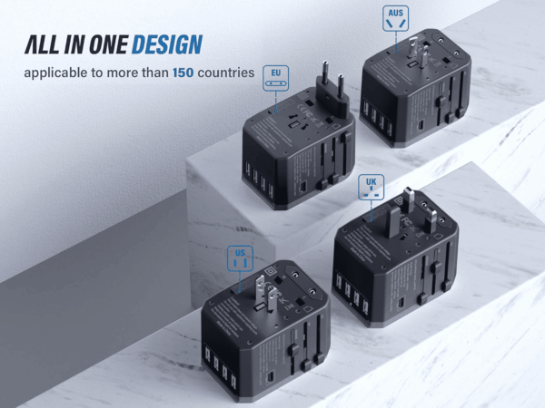 Universal Travel Adapter, European Travel Plug Adapter - International Power Adapter Worldwide Charger with USB-C & 4 USB Ports, Travel Essentials for Italy, Japan, Europe, UK (TA-105, Grey) - Image 4