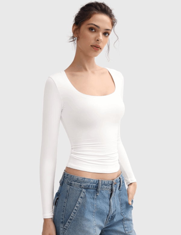 Women'S Long Sleeve T Shirts Scoop Neck Slim Fit Going Out Tops Double Lined Basic Tee Smoke Cloud Collection - Image 2