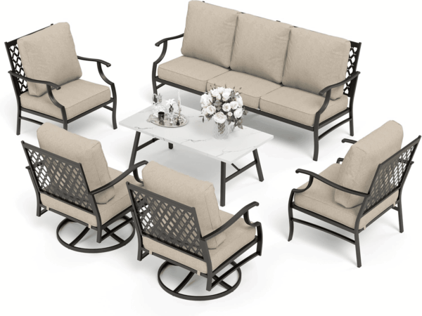 6 Piece Patio Furniture Set, 2 X Swivel Chair, 2 X Fixed Chair, 1 X 3-Seat Sofa with Marbling Coffee Table, All Cushioned Outdoor Conversation Set for Lawn Garden Backyard - Image 8