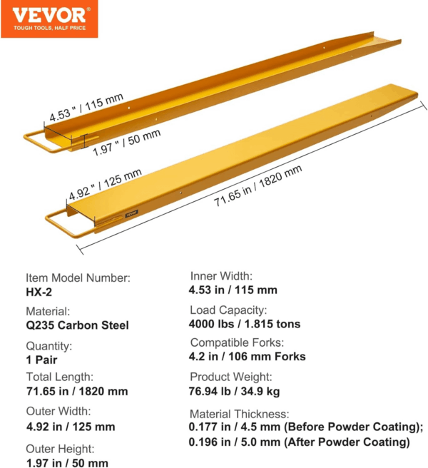 Forklift Extensions, 72 Inch Fork Extensions 4.5 Inch Width, Heavy Duty Fork Extensions for Forklifts, 1 Pair Forklift Extensions for Forklift Truck, Yellow - Image 7