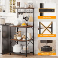 Kitchen Bakers Rack with Hutch, Coffee Bar Station 4 Tiers, Microwave Oven Stand with 6 S Hooks and Pegboard, Kitchen Microwave Rack for Spice Organizer Workstation, Rustic Brown - Image 4