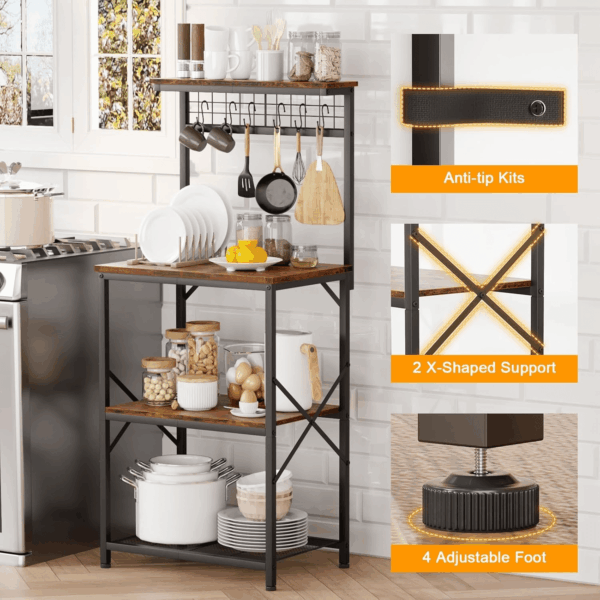Kitchen Bakers Rack with Hutch, Coffee Bar Station 4 Tiers, Microwave Oven Stand with 6 S Hooks and Pegboard, Kitchen Microwave Rack for Spice Organizer Workstation, Rustic Brown - Image 4