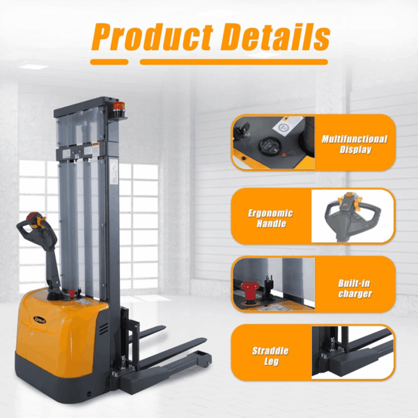 Electric Walkie Stacker, 3300 Lbs Capacity 130“ Lift Height Powered Drive and Lift Electric Stacker, with Straddle Legs Adjustable Forks Material Lift - Image 5