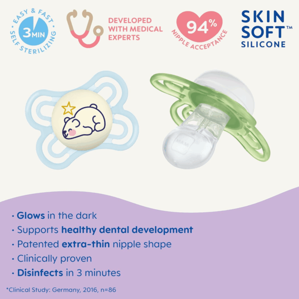 Perfect Night Baby Pacifier, Patented Nipple, Glows in the Dark, 2 Pack, 0-6 Months, Boy - Image 2