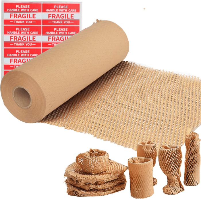 Honeycomb Packing Paper Wrap 12"X200' Recycled Bubble Cushioning Wrapp Roll Eco Friendly Shipping Moving Wrap Packing Supplies Material with 20 Fragile Sticker Labels