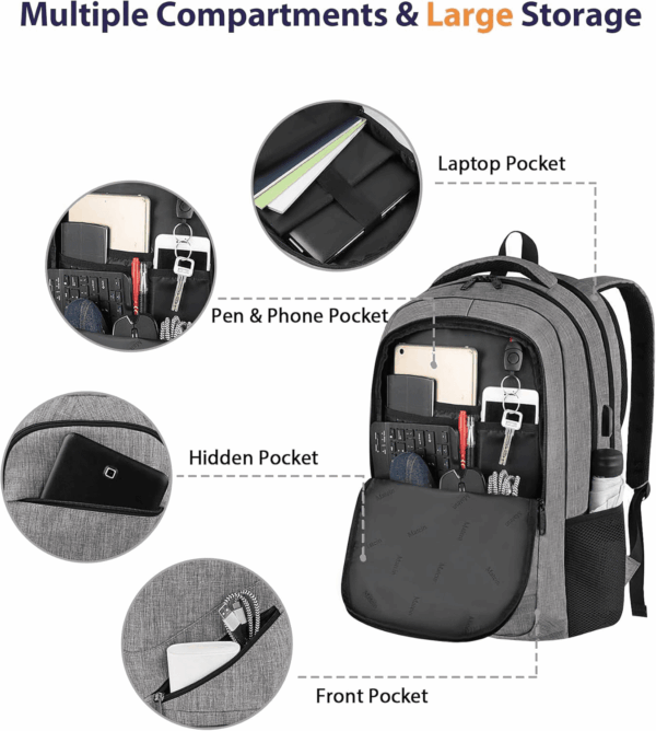 Travel Laptop Backpack, 17 Inch Business Flight Approved Carry on Backpack, TSA Large Computer Bag for Men Women with USB Port and Trolley Sleeve, College School Tactical Book Bag, Grey - Image 8