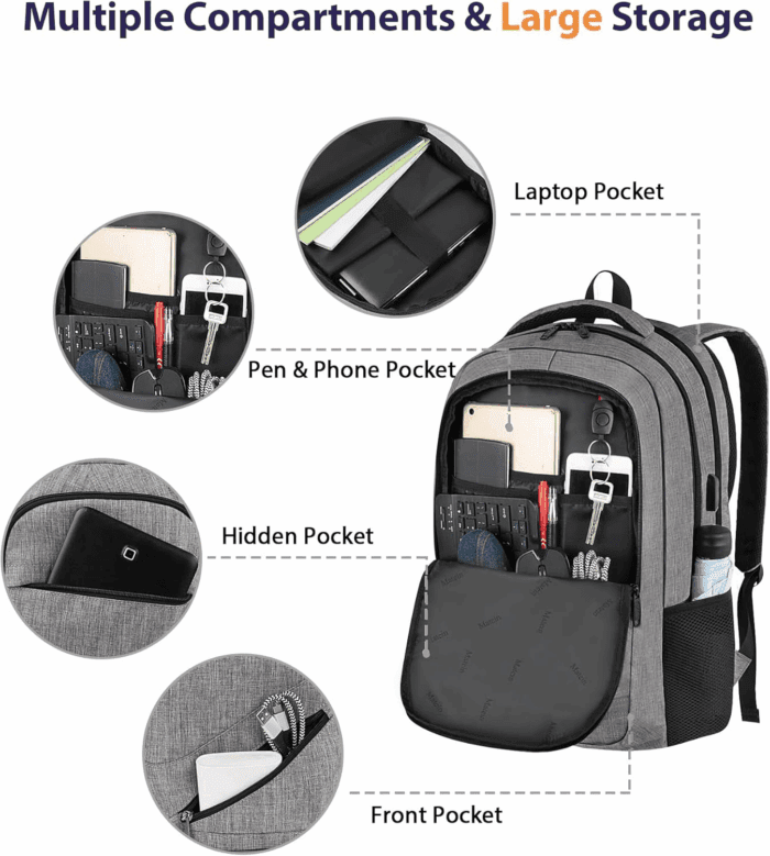 Travel Laptop Backpack, 17 Inch Business Flight Approved Carry on Backpack, TSA Large Computer Bag for Men Women with USB Port and Trolley Sleeve, College School Tactical Book Bag, Grey - Image 8