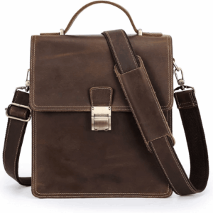 Full Grain Leather Small Messenger Bag for Men with Lock Briefcase Travel Crossbody Shoulder Bag