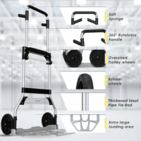 Folding Hand Truck Dolly Cart,340Lb Capacity Portable Aluminum Dolly Cart with Telescoping Handle and 7 Inch Rubber Wheels for Moving,Shopping,Travel,Office Use - Image 5