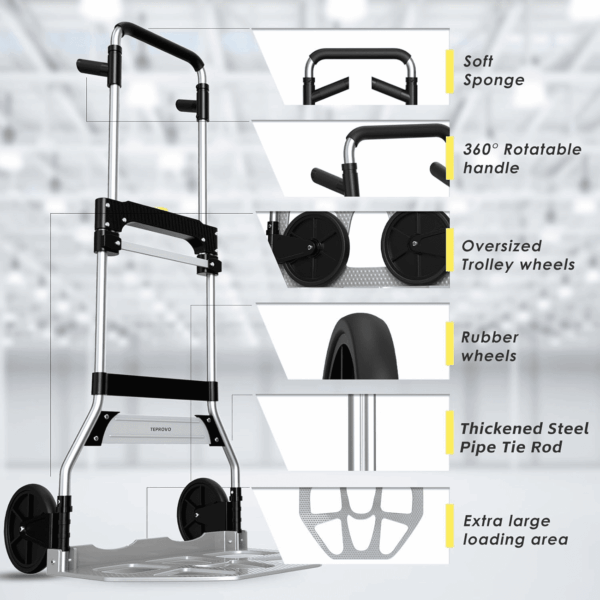 Folding Hand Truck Dolly Cart,340Lb Capacity Portable Aluminum Dolly Cart with Telescoping Handle and 7 Inch Rubber Wheels for Moving,Shopping,Travel,Office Use - Image 5