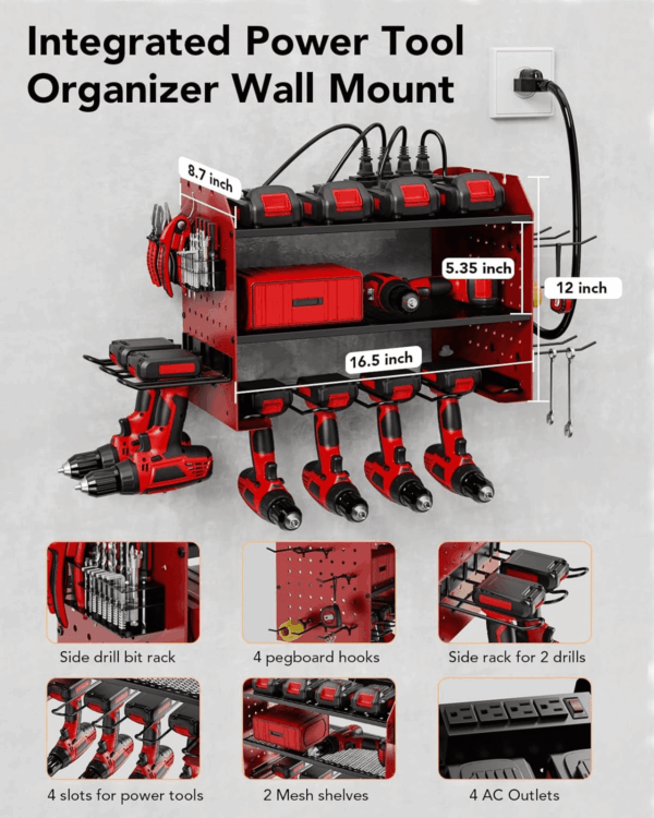 HOEMASY Power Tool Organizer Wall Mount, 3-Tier with 4 Outlet Charging Station | 100Lbs Load Heavy Duty Garage Storage Rack for Drills, Batteries, Tools | Gift for Men, Dad, Workshop & Pegboard Red - Image 4