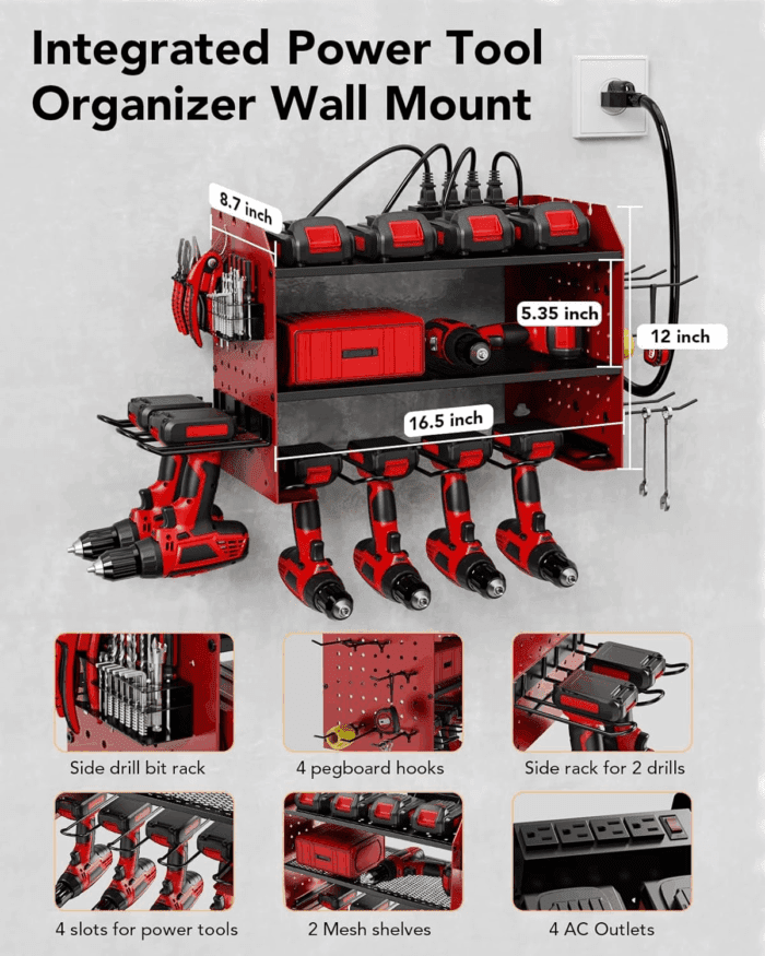 HOEMASY Power Tool Organizer Wall Mount, 3-Tier with 4 Outlet Charging Station | 100Lbs Load Heavy Duty Garage Storage Rack for Drills, Batteries, Tools | Gift for Men, Dad, Workshop & Pegboard Red - Image 4