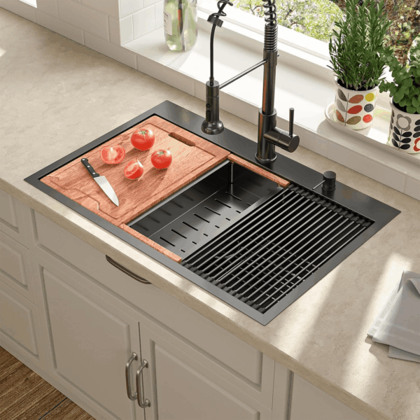 33 Black Kitchen Sink Drop in -  33X22 Drop Sink Stainless Steel 16 Gauge Gunmetal Black Ledge Workstation Single Bowl Topmount Overcounter Kitchen Sinks Deep Basin - Image 2