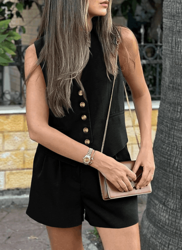 Women'S Summer 2 Piece Outfits Sleeveless Matching Sets Button down V Neck Vest Waistcoat and Pockets Shorts - Image 7