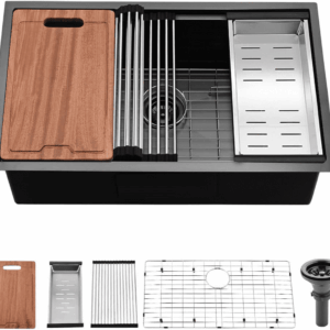 33 Inch Black Undermount Kitchen Sink Workstation- 33X19 Stainless Steel Kitchen Sink Undermount 16 Gauge Deep Single Bowl Black Sinks with Cutting Board
